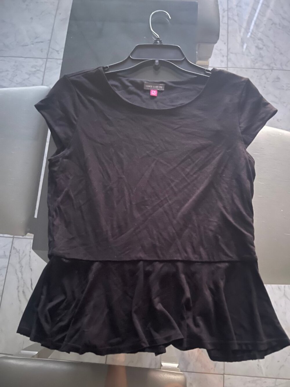 Vince Camuto Black Peplum Top PM Scoop Neck Short Sleeve $89 Retail